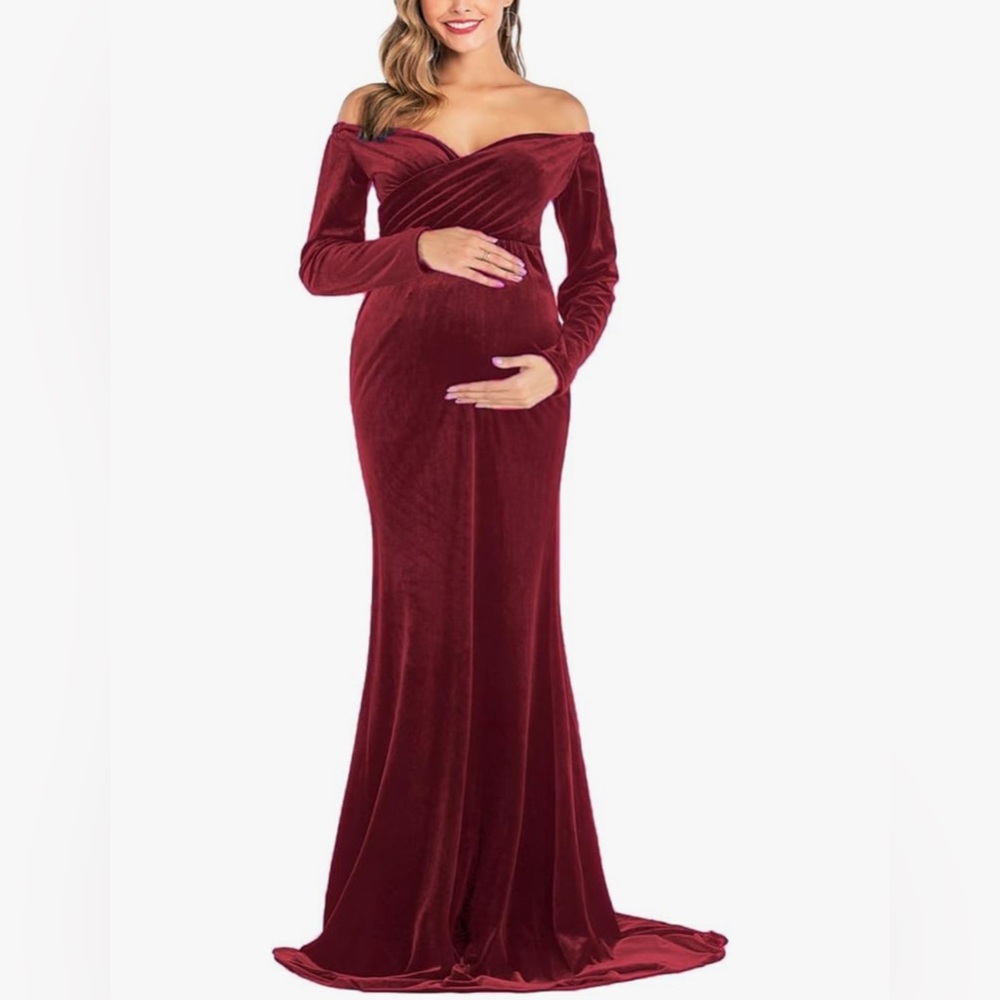 JustVH Velvet Maternity Off Shoulder Half Circle Fitted Gown Burgundy Size Large